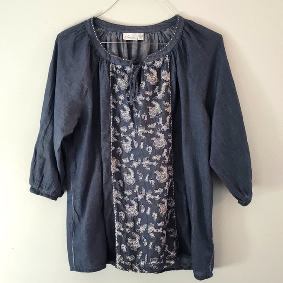Kim Rogers Peasant Neckline 3/4 Sleeve Embroidered Appliqued Poet Blouse Blue 1X - Picture 1 of 11